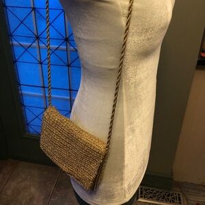Vintage Gold Leather Crochet Evening Clutch